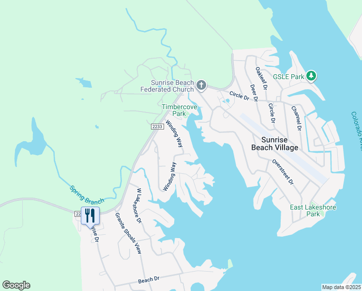 map of restaurants, bars, coffee shops, grocery stores, and more near 309 Winding Way in Sunrise Beach Village