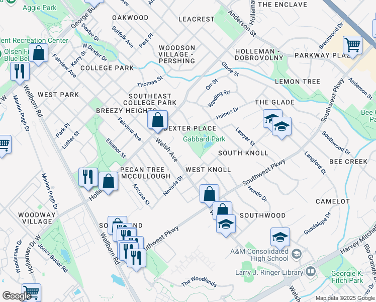 map of restaurants, bars, coffee shops, grocery stores, and more near 1204 Dexter Drive South in College Station