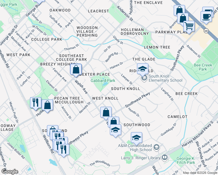 map of restaurants, bars, coffee shops, grocery stores, and more near 1400 Gunsmith Street in College Station