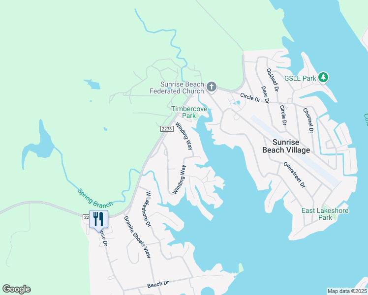 map of restaurants, bars, coffee shops, grocery stores, and more near 309 Winding Way in Sunrise Beach Village