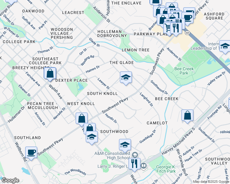 map of restaurants, bars, coffee shops, grocery stores, and more near 1220 Boswell Street in College Station