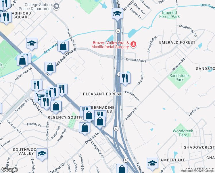 map of restaurants, bars, coffee shops, grocery stores, and more near 3101 Pleasant Forest Drive in College Station