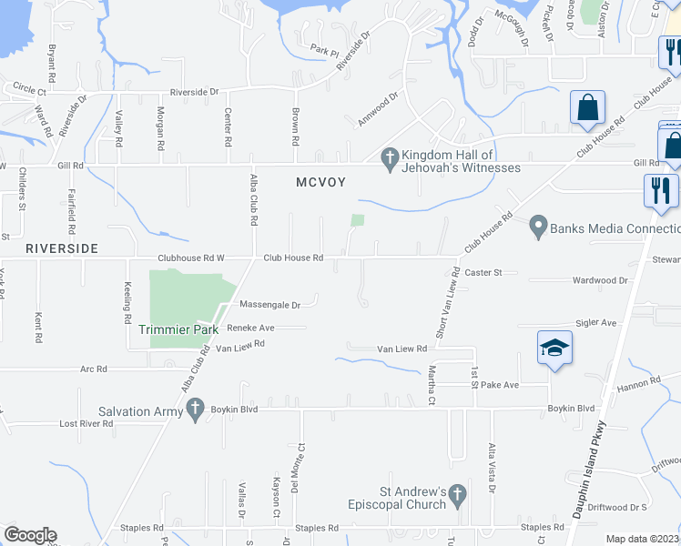 map of restaurants, bars, coffee shops, grocery stores, and more near 2303 Club House Road in Mobile