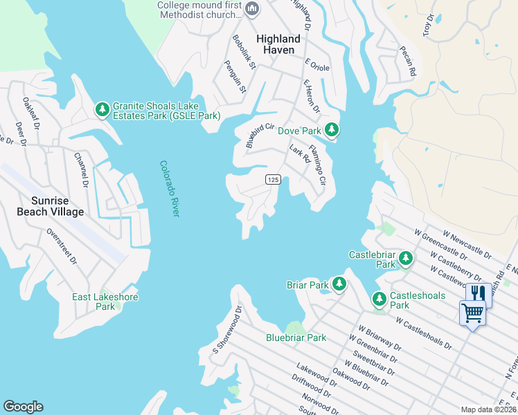 map of restaurants, bars, coffee shops, grocery stores, and more near 117 Canary Road in Marble Falls