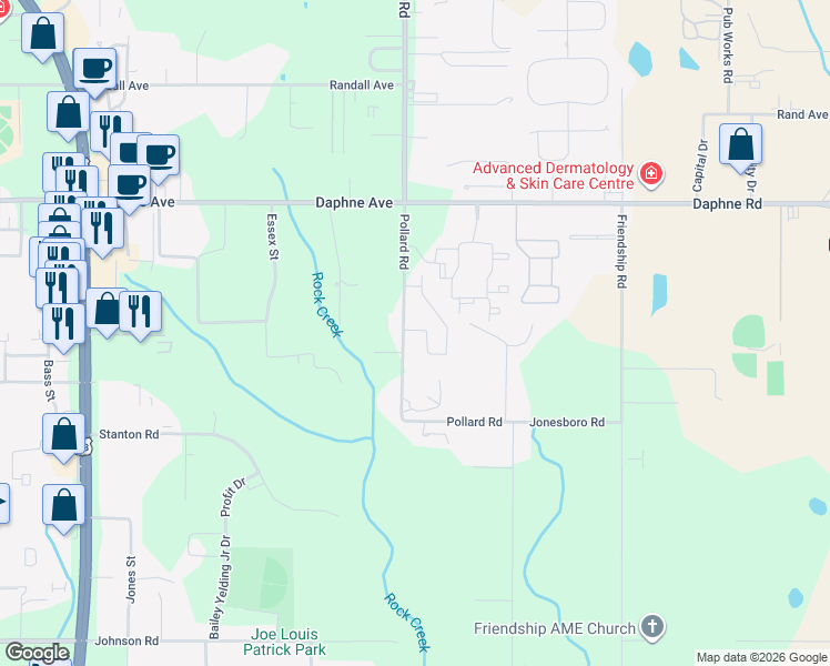 map of restaurants, bars, coffee shops, grocery stores, and more near 25738 Pollard Road in Daphne
