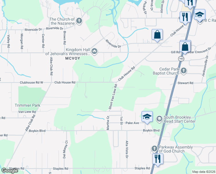map of restaurants, bars, coffee shops, grocery stores, and more near 2115 Club House Road in Mobile