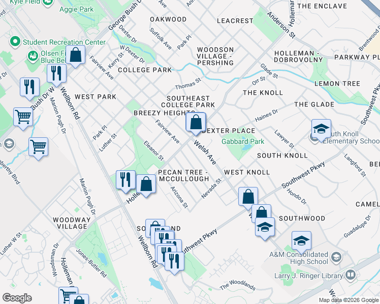 map of restaurants, bars, coffee shops, grocery stores, and more near 1100 Georgia Street in College Station
