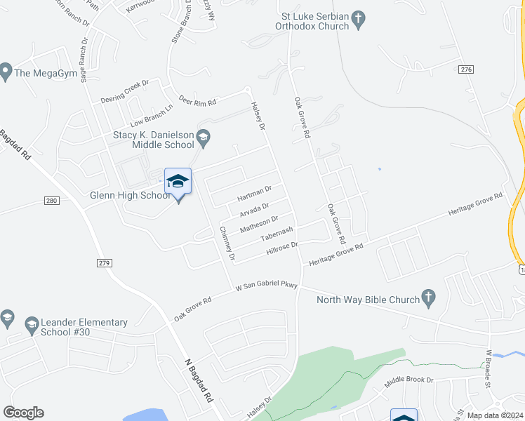map of restaurants, bars, coffee shops, grocery stores, and more near 932 Arvada Drive in Leander