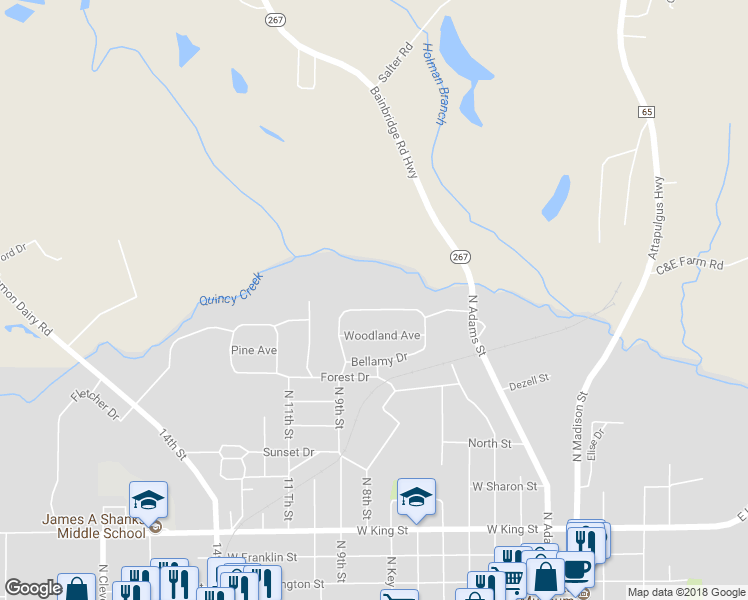 map of restaurants, bars, coffee shops, grocery stores, and more near 612 North Bellamy Drive in Quincy