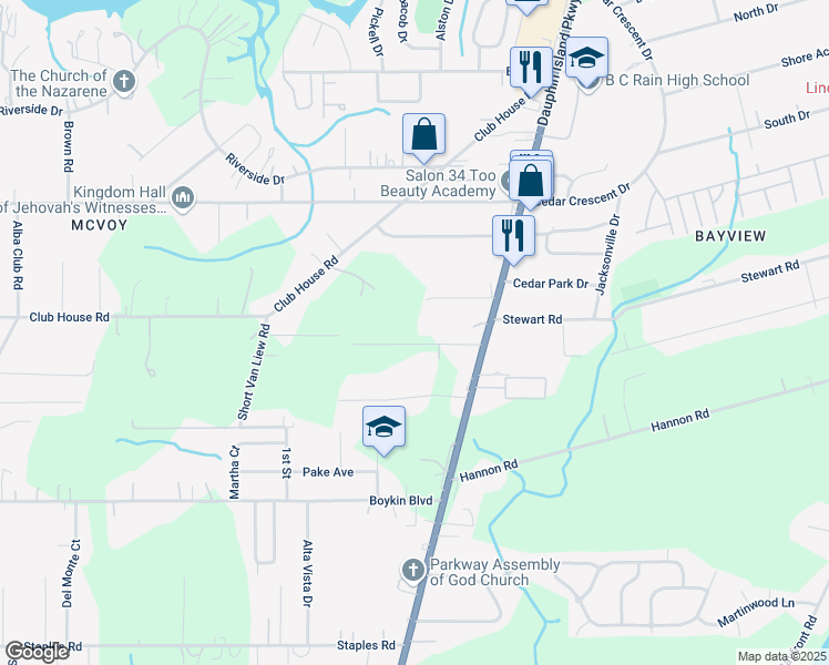 map of restaurants, bars, coffee shops, grocery stores, and more near 1668 Wardwood Drive in Mobile