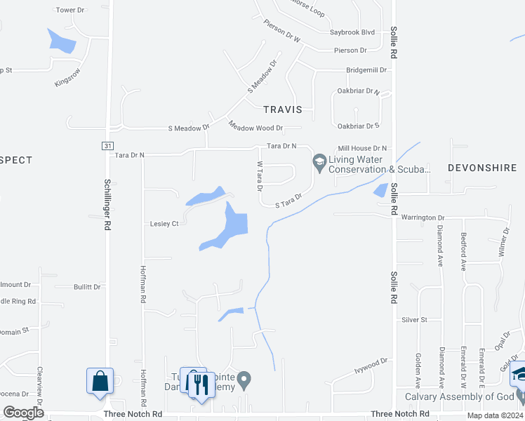 map of restaurants, bars, coffee shops, grocery stores, and more near 7431 South Tara Drive in Mobile