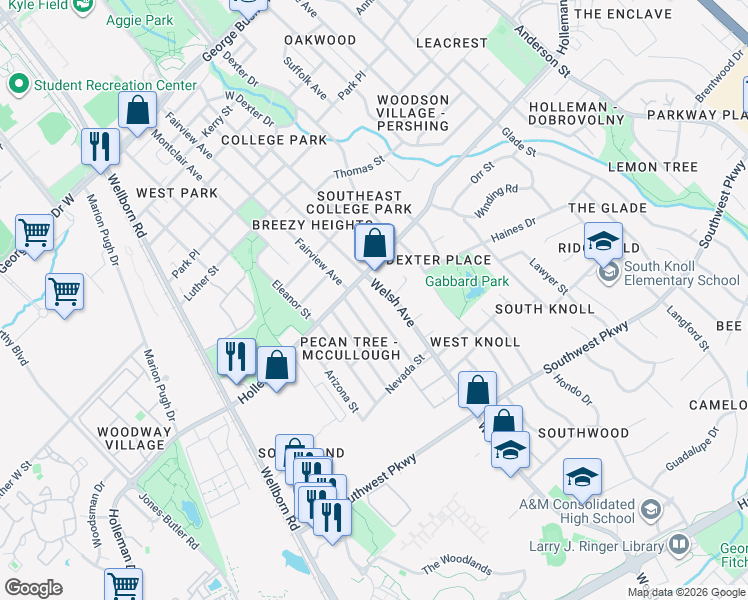 map of restaurants, bars, coffee shops, grocery stores, and more near 1115 Welsh Avenue in College Station