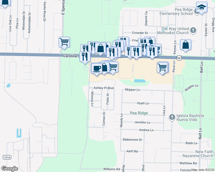 map of restaurants, bars, coffee shops, grocery stores, and more near 4786 Ashley Place Boulevard in Pace