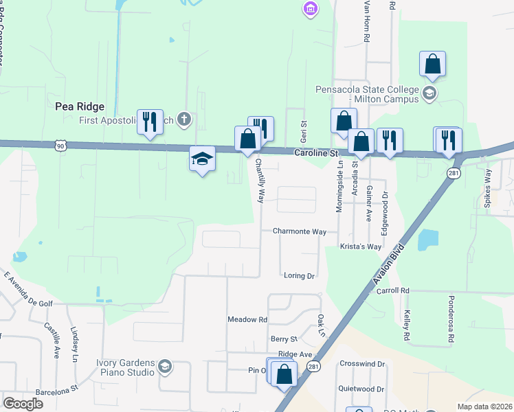 map of restaurants, bars, coffee shops, grocery stores, and more near 4515 Chantilly Way in Milton