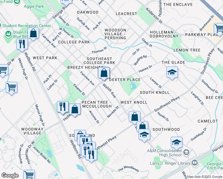 map of restaurants, bars, coffee shops, grocery stores, and more near 1115 Welsh Avenue in College Station