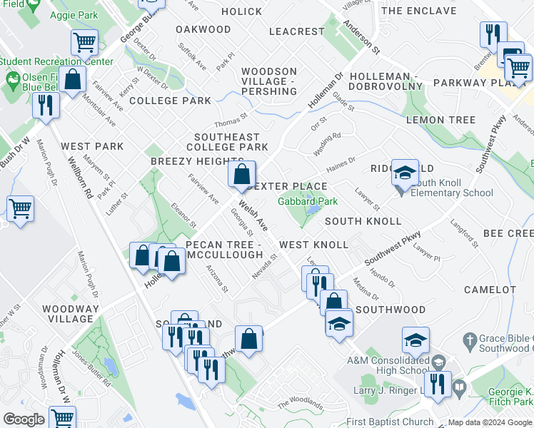 map of restaurants, bars, coffee shops, grocery stores, and more near 1127 Welsh Avenue in College Station