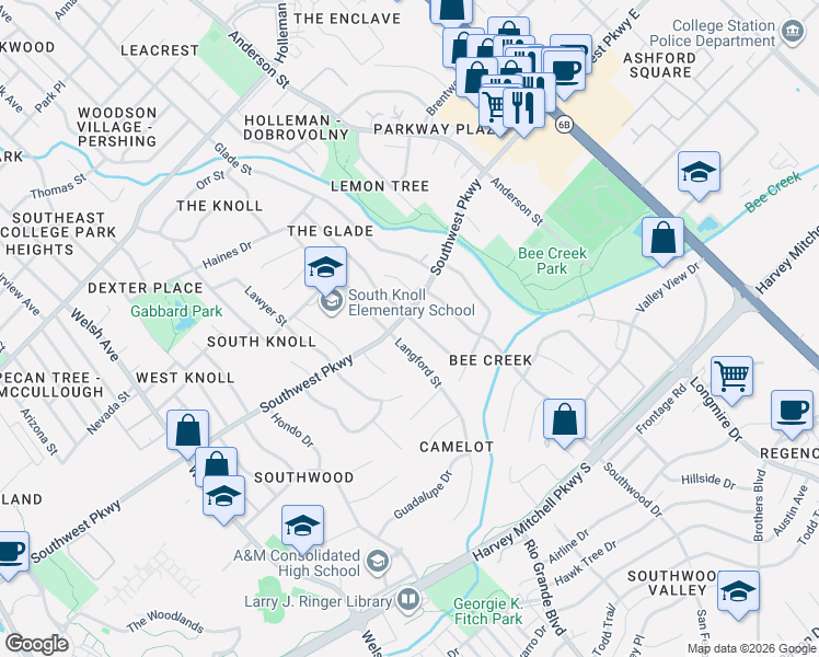 map of restaurants, bars, coffee shops, grocery stores, and more near 1722 Laura Lane in College Station