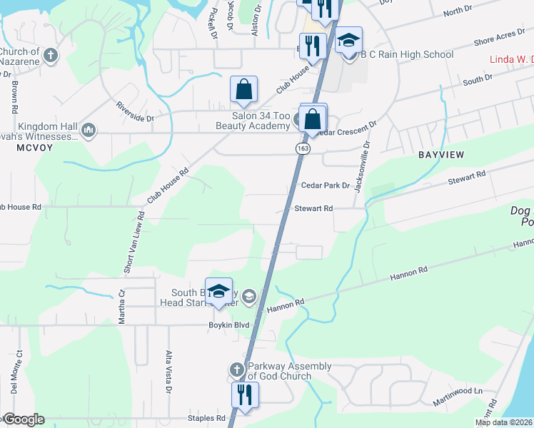 map of restaurants, bars, coffee shops, grocery stores, and more near 1614 Wardwood Drive in Mobile