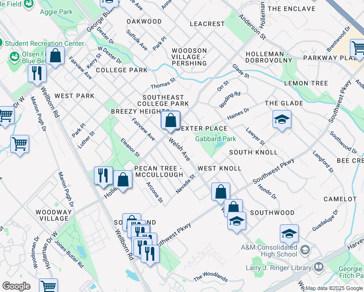map of restaurants, bars, coffee shops, grocery stores, and more near 1115 Welsh Avenue in College Station