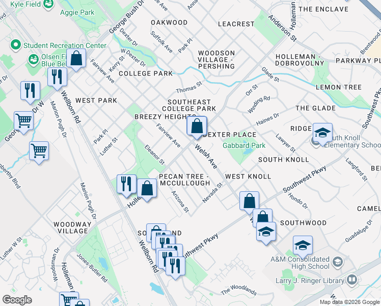 map of restaurants, bars, coffee shops, grocery stores, and more near 1100 Georgia Street in College Station