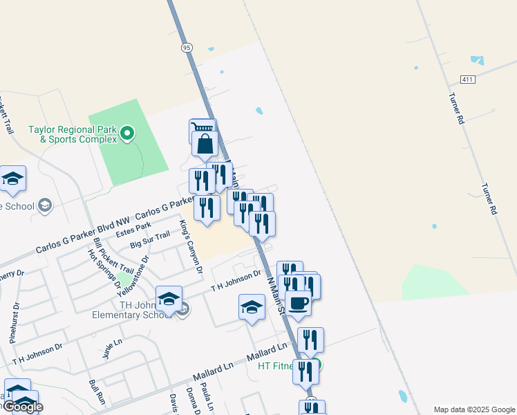 map of restaurants, bars, coffee shops, grocery stores, and more near 3511 State Highway 95 in Taylor