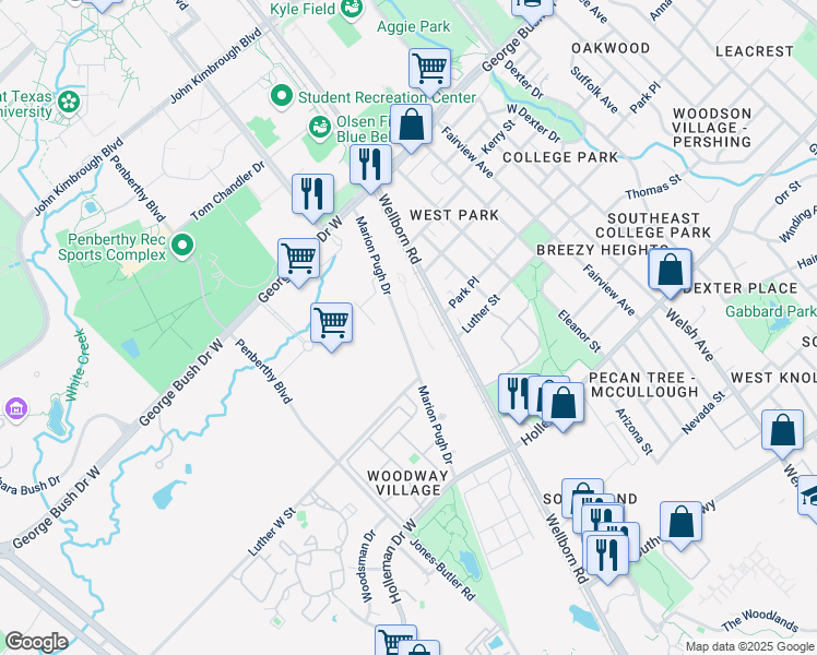 map of restaurants, bars, coffee shops, grocery stores, and more near 305 Marion Pugh Drive in College Station
