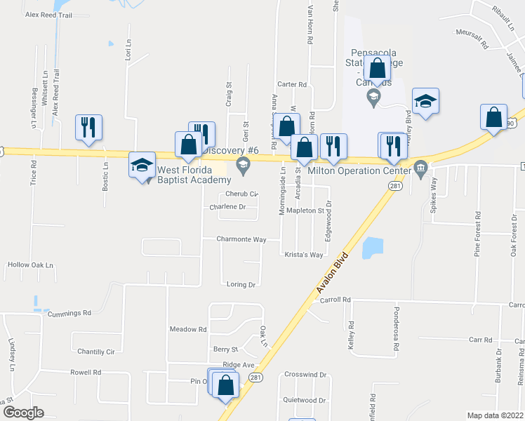map of restaurants, bars, coffee shops, grocery stores, and more near 5393 Cherub Circle in Milton