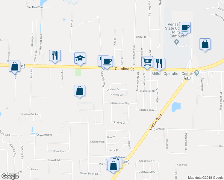 map of restaurants, bars, coffee shops, grocery stores, and more near 5723 Charlene Drive in Milton