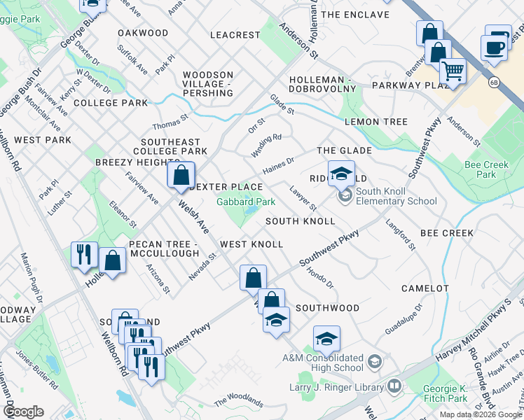 map of restaurants, bars, coffee shops, grocery stores, and more near 1400 Gunsmith Street in College Station
