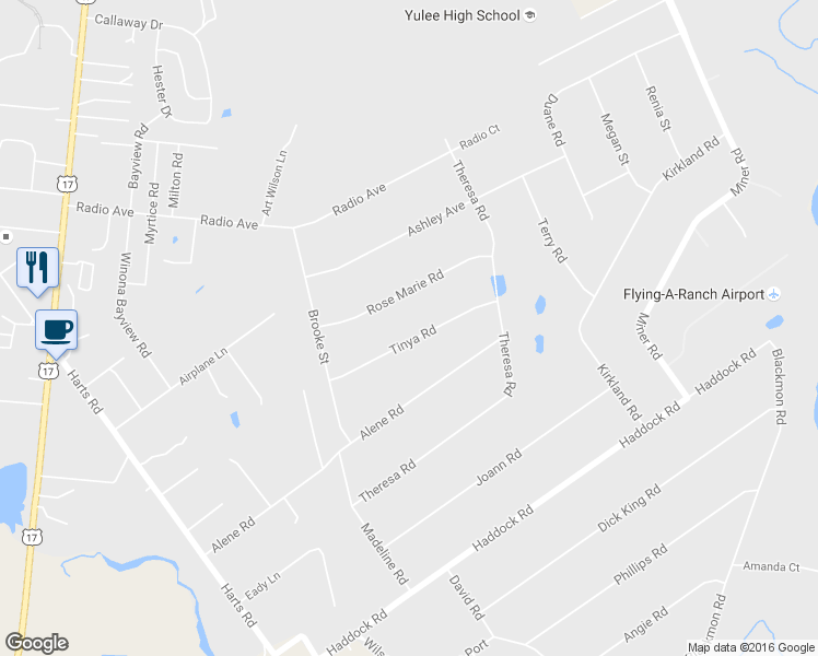 map of restaurants, bars, coffee shops, grocery stores, and more near 85221 Tinya Road in Yulee