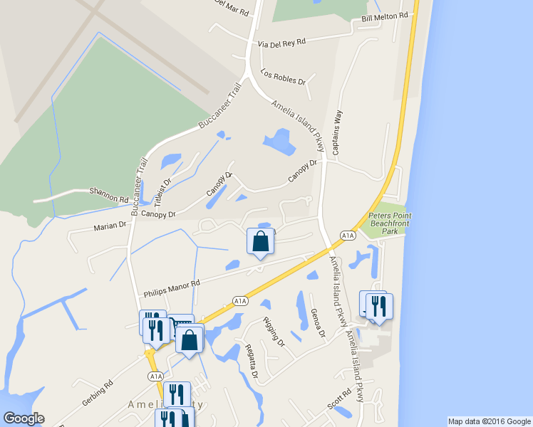 map of restaurants, bars, coffee shops, grocery stores, and more near 95133 Elderberry Lane in Fernandina Beach