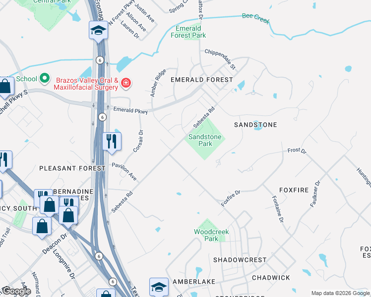 map of restaurants, bars, coffee shops, grocery stores, and more near 8910 Driftwood Drive in College Station