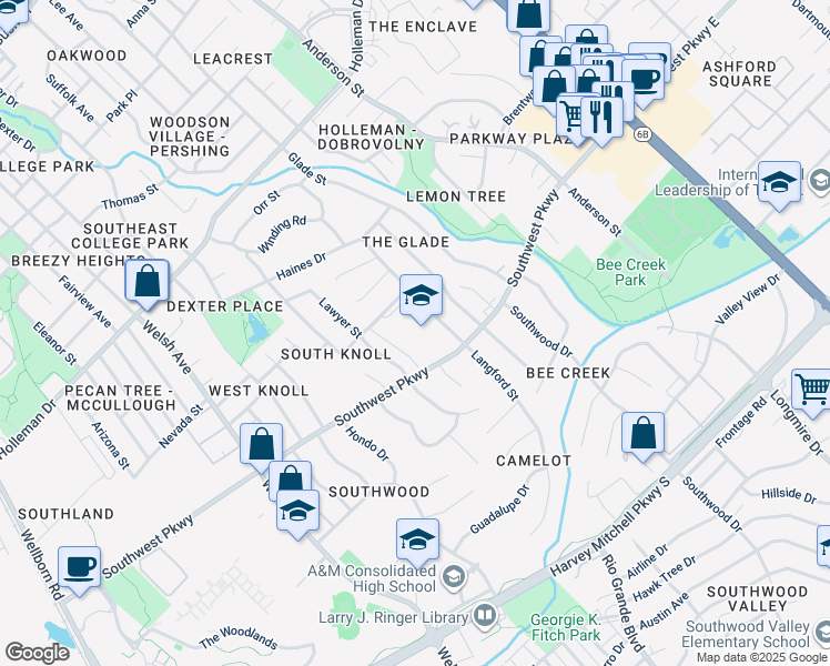 map of restaurants, bars, coffee shops, grocery stores, and more near 1220 Boswell Street in College Station