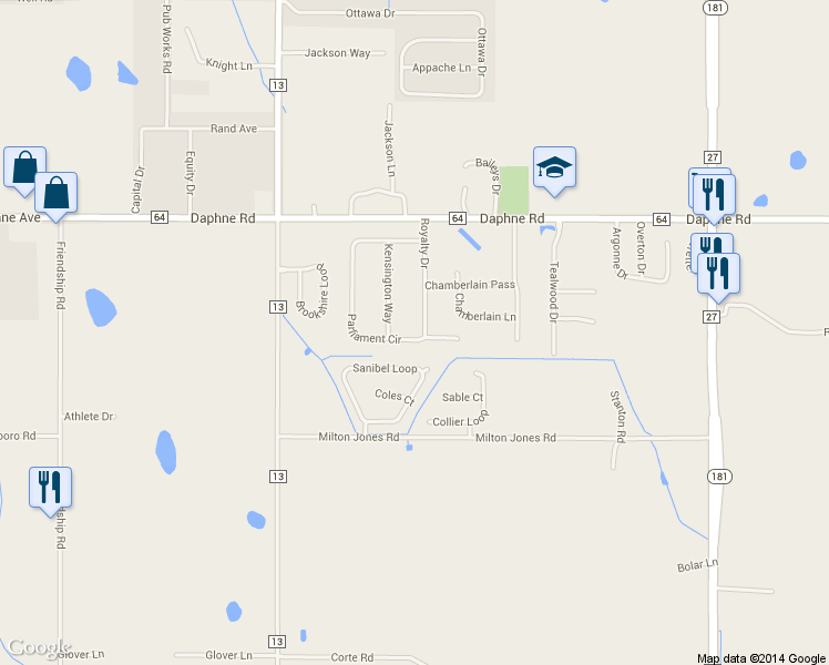 map of restaurants, bars, coffee shops, grocery stores, and more near 8822 Parliament Circle in Daphne