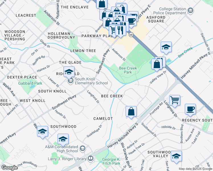 map of restaurants, bars, coffee shops, grocery stores, and more near 1813 Southwood Drive in College Station
