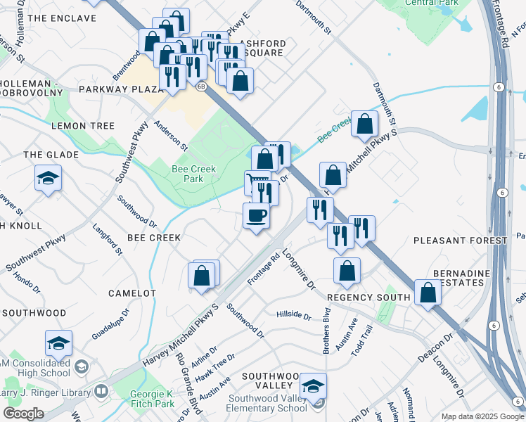 map of restaurants, bars, coffee shops, grocery stores, and more near 2704 Texas Avenue South in College Station