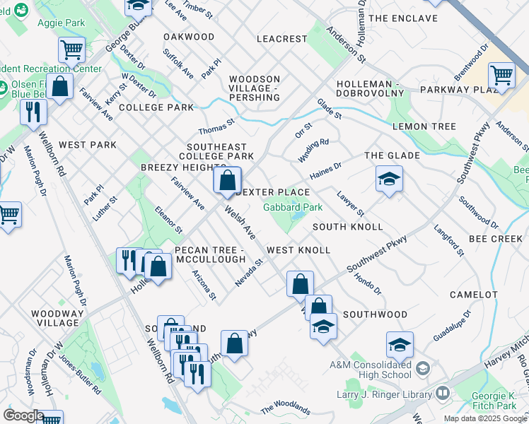 map of restaurants, bars, coffee shops, grocery stores, and more near 1204 Dexter Drive South in College Station