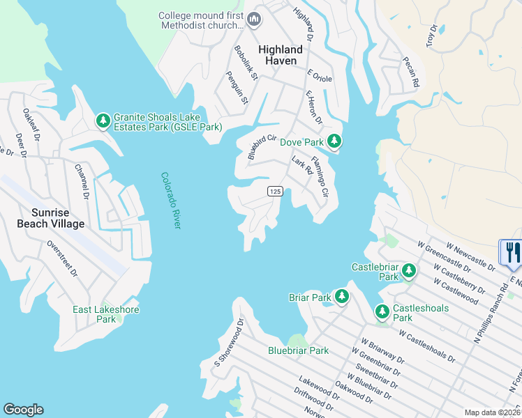 map of restaurants, bars, coffee shops, grocery stores, and more near 117 Canary Road in Marble Falls