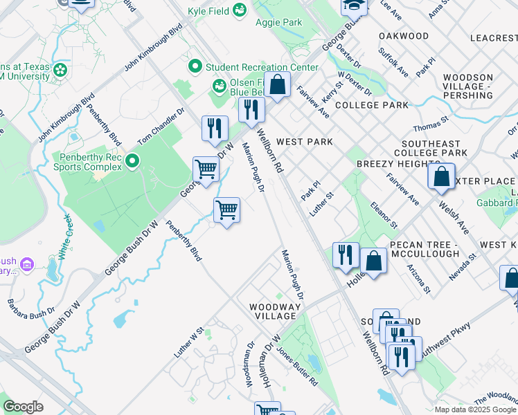 map of restaurants, bars, coffee shops, grocery stores, and more near 400 Marion Pugh Drive in College Station