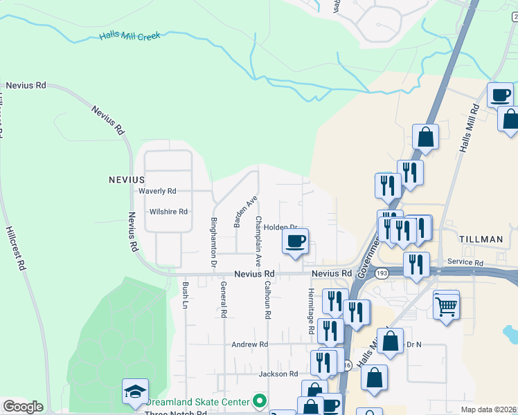 map of restaurants, bars, coffee shops, grocery stores, and more near 4362 Champlain Avenue in Mobile