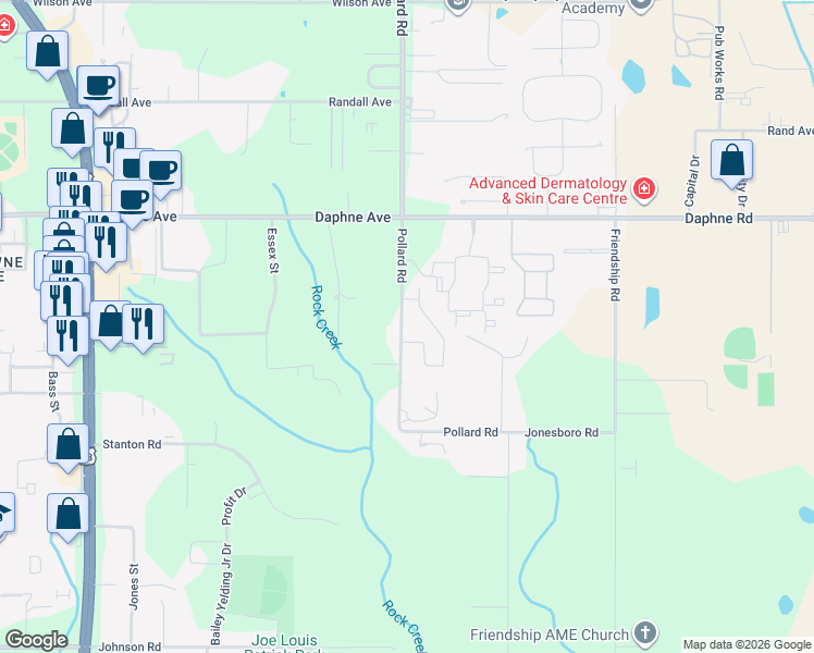map of restaurants, bars, coffee shops, grocery stores, and more near 25738 Pollard Road in Daphne