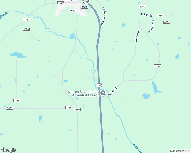 map of restaurants, bars, coffee shops, grocery stores, and more near County Road 1555 in Warren