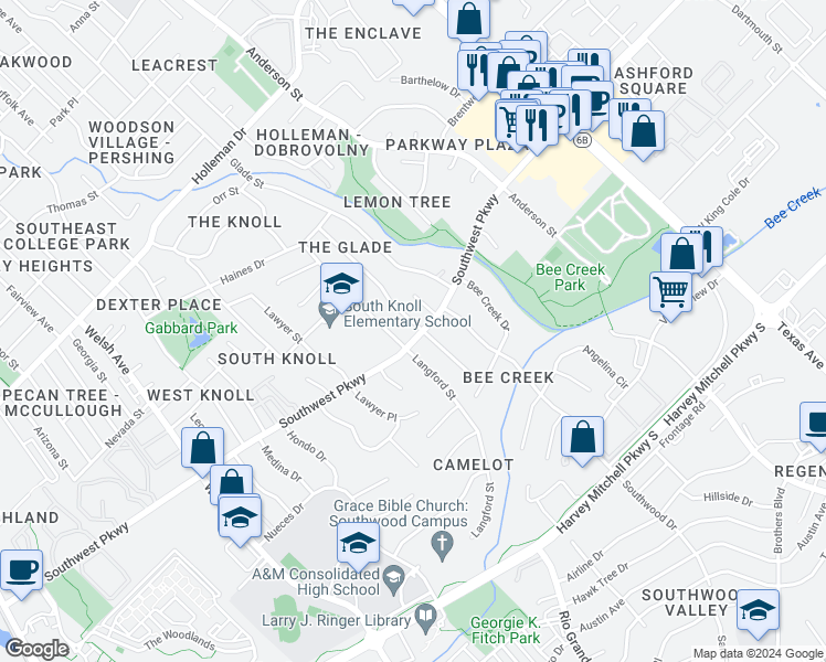 map of restaurants, bars, coffee shops, grocery stores, and more near 1722 Laura Lane in College Station