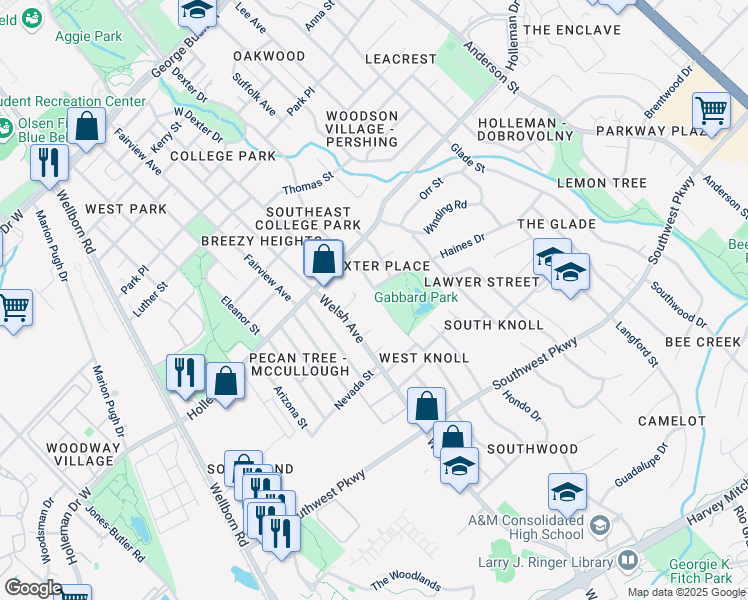 map of restaurants, bars, coffee shops, grocery stores, and more near 1120 Dexter Drive South in College Station