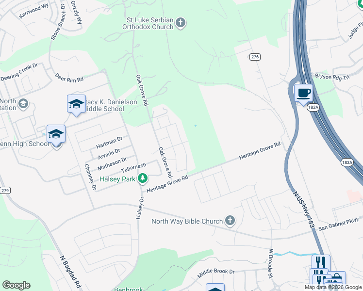 map of restaurants, bars, coffee shops, grocery stores, and more near 550 Oak Grove Road in Leander