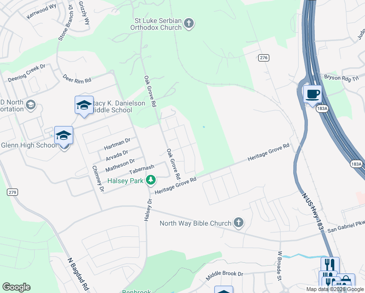 map of restaurants, bars, coffee shops, grocery stores, and more near 550 Oak Grove Road in Leander