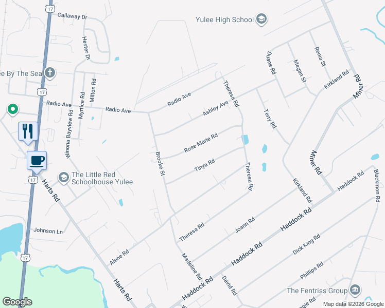map of restaurants, bars, coffee shops, grocery stores, and more near 85221 Tinya Road in Yulee