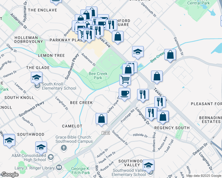 map of restaurants, bars, coffee shops, grocery stores, and more near 2003 Longmire Court in College Station
