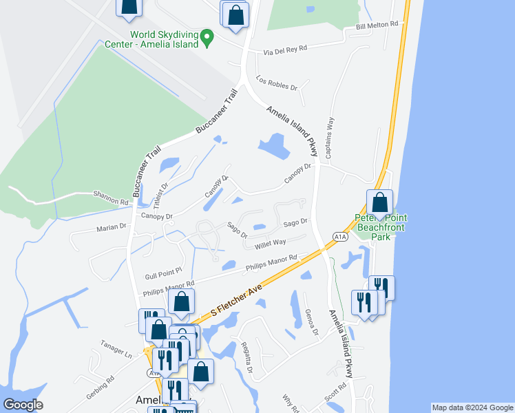map of restaurants, bars, coffee shops, grocery stores, and more near 95120 Elderberry Lane in Fernandina Beach