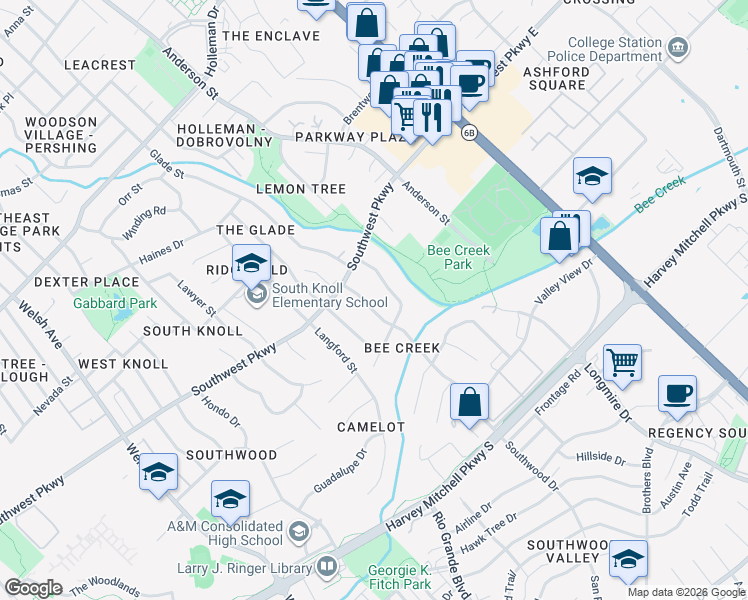map of restaurants, bars, coffee shops, grocery stores, and more near 1813 Southwood Drive in College Station